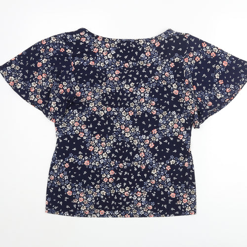 Oasis Womens Blue Floral Polyester Basic Blouse Size S V-Neck - Tie Detail