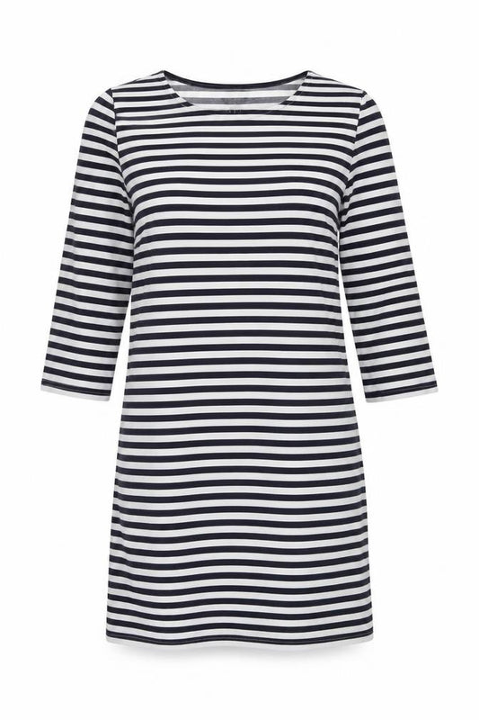 Front view of New Look women’s blue striped polyester shift, size UK 10, round neck pullover