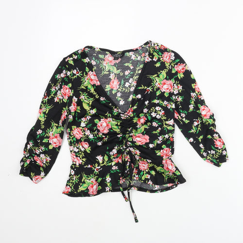 Topshop Womens Multicoloured Floral Polyester Basic Blouse Size 6 V-Neck - Rouched Bow