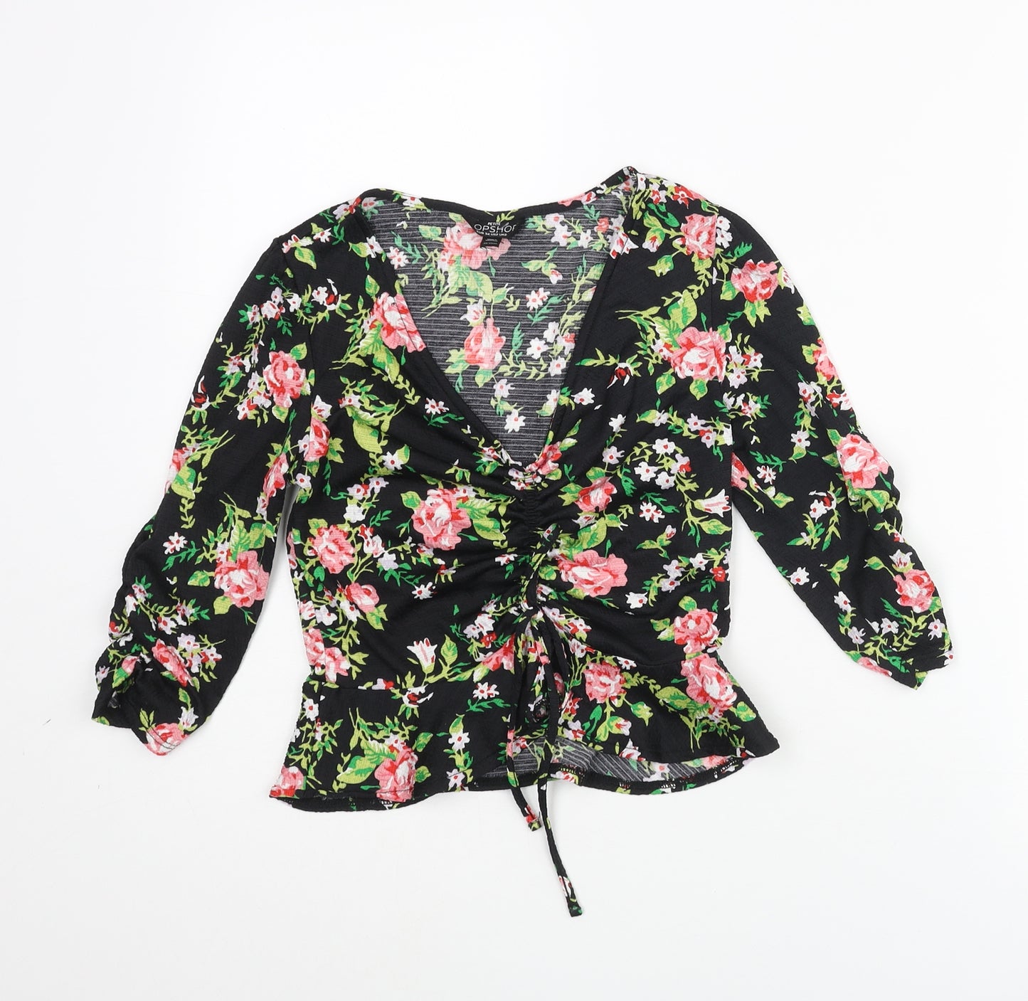 Topshop Womens Multicoloured Floral Polyester Basic Blouse Size 6 V-Neck - Rouched Bow