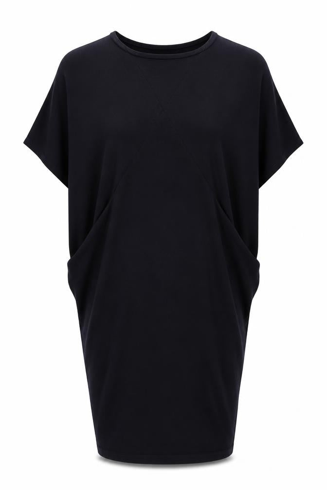 Front view of Louche women’s blue polyester jumper dress, size UK 10, round neck pullover - batwing