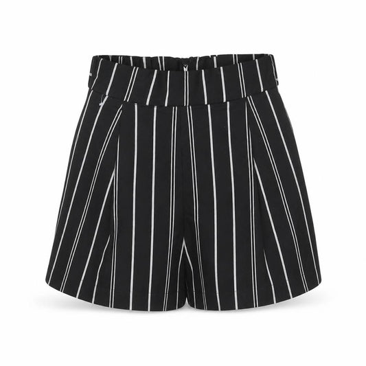 Front view of Divided by H&M women’s black pinstripe polyester paperbag shorts, size UK 6, regular pull on - belted