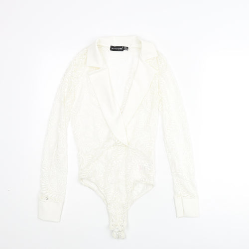 PRETTYLITTLETHING Womens Ivory Nylon Bodysuit One-Piece Size 4 Snap