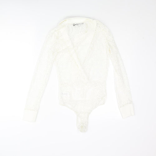 PRETTYLITTLETHING Womens Ivory Nylon Bodysuit One-Piece Size 4 Snap
