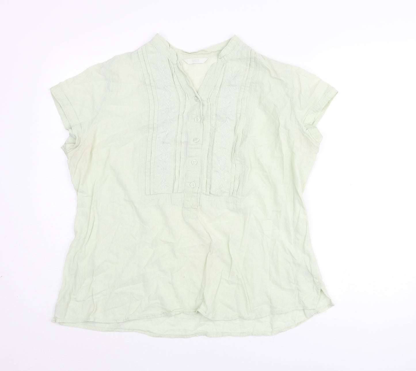 Marks and Spencer Womens Green Cotton Basic Blouse Size 18 Henley - Pleated Front Floral Embroidery