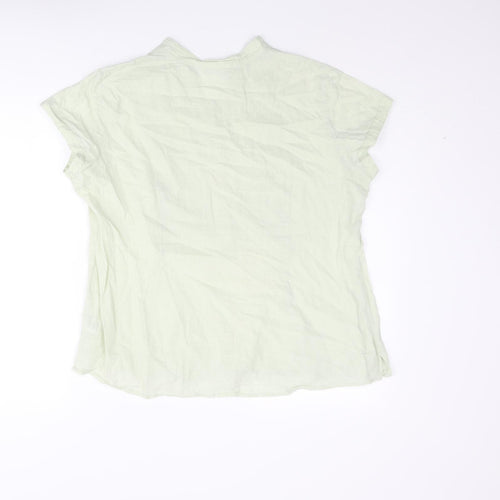 Marks and Spencer Womens Green Cotton Basic Blouse Size 18 Henley - Pleated Front Floral Embroidery