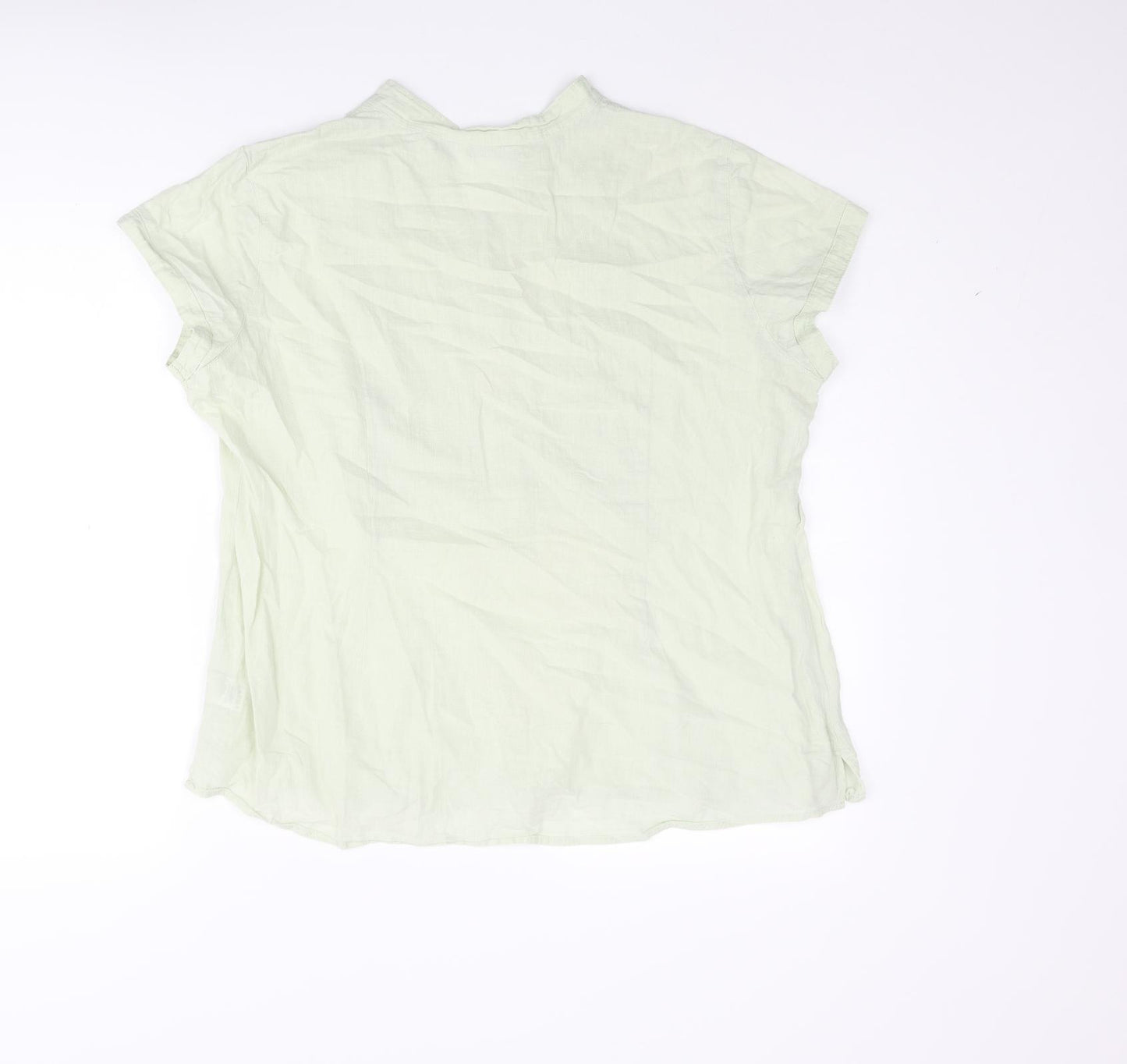 Marks and Spencer Womens Green Cotton Basic Blouse Size 18 Henley - Pleated Front Floral Embroidery