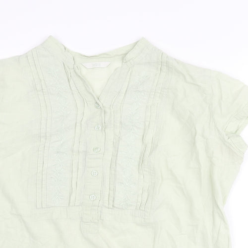 Marks and Spencer Womens Green Cotton Basic Blouse Size 18 Henley - Pleated Front Floral Embroidery