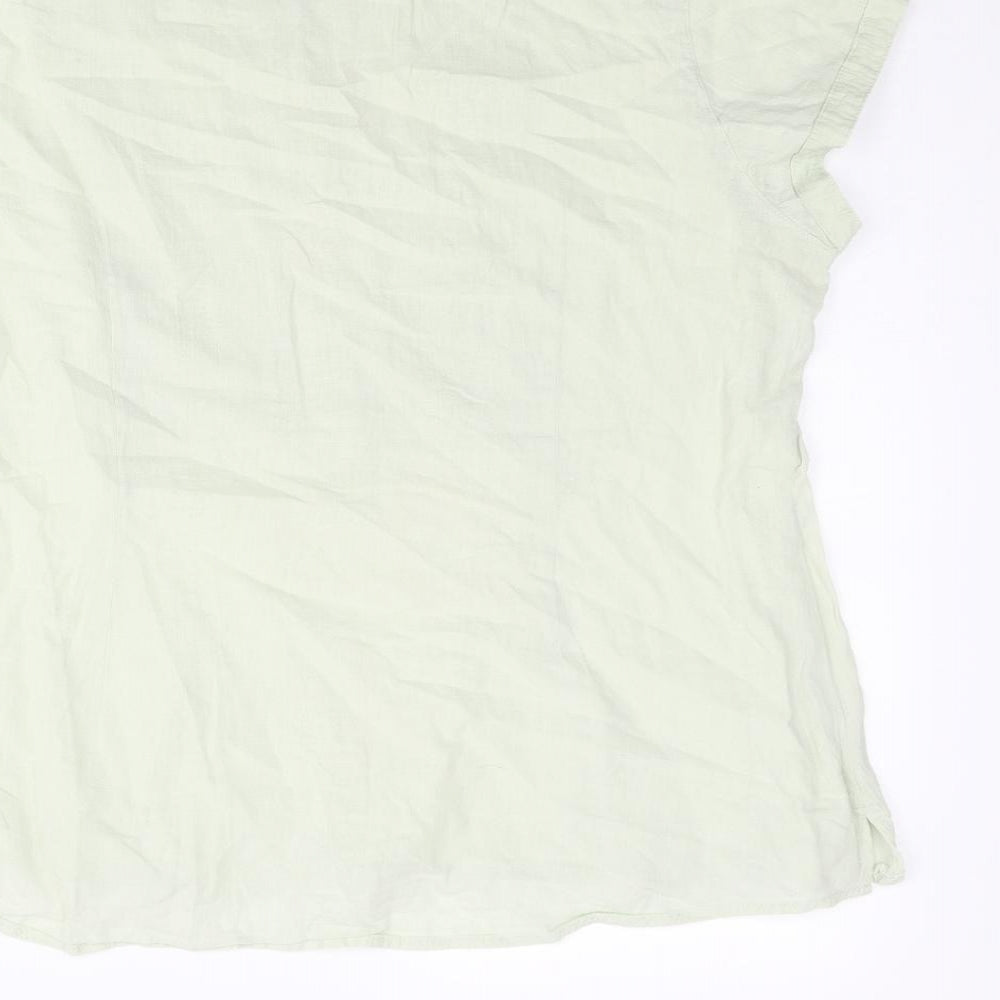 Marks and Spencer Womens Green Cotton Basic Blouse Size 18 Henley - Pleated Front Floral Embroidery