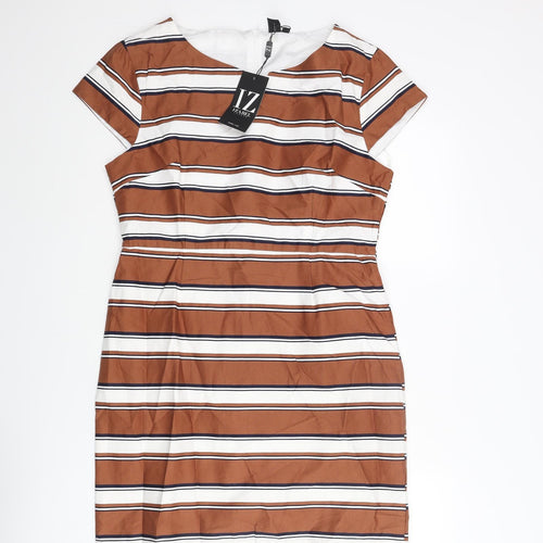 Izabel London Womens Brown Striped Cotton Shift Size 14 Round Neck Zip