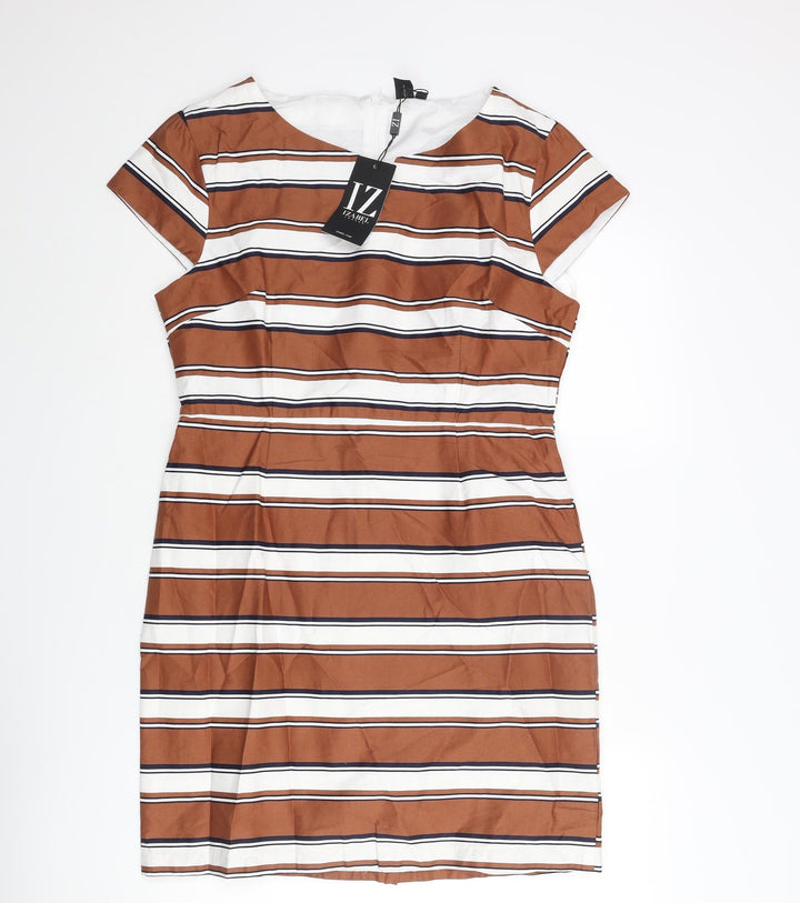 Izabel London Womens Brown Striped Cotton Shift Size 14 Round Neck Zip