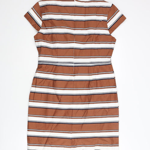 Izabel London Womens Brown Striped Cotton Shift Size 14 Round Neck Zip