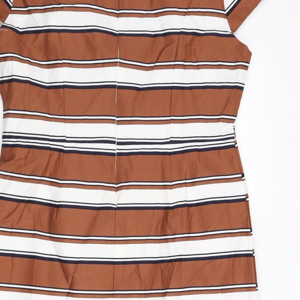 Izabel London Womens Brown Striped Cotton Shift Size 14 Round Neck Zip