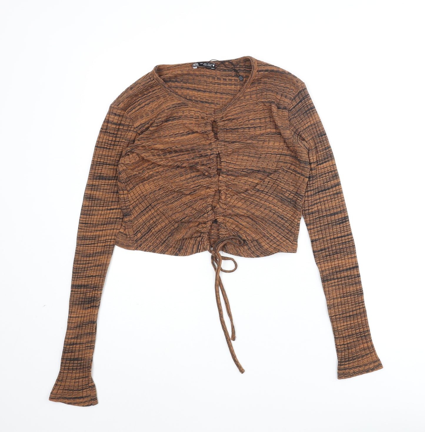 Zara Womens Black Striped Polyester Basic Blouse Size L Round Neck - Drawstring Cut Out Detail