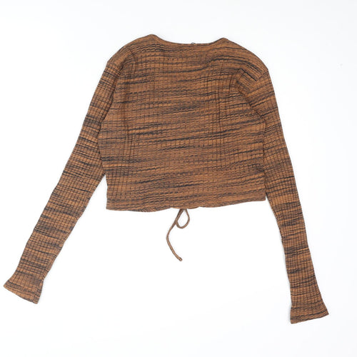 Zara Womens Black Striped Polyester Basic Blouse Size L Round Neck - Drawstring Cut Out Detail