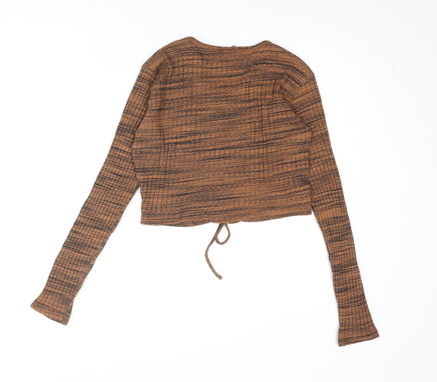 Zara Womens Black Striped Polyester Basic Blouse Size L Round Neck - Drawstring Cut Out Detail