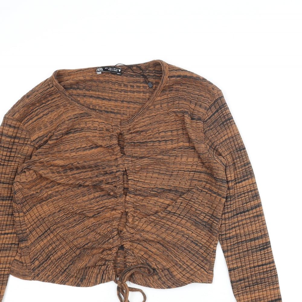 Zara Womens Black Striped Polyester Basic Blouse Size L Round Neck - Drawstring Cut Out Detail