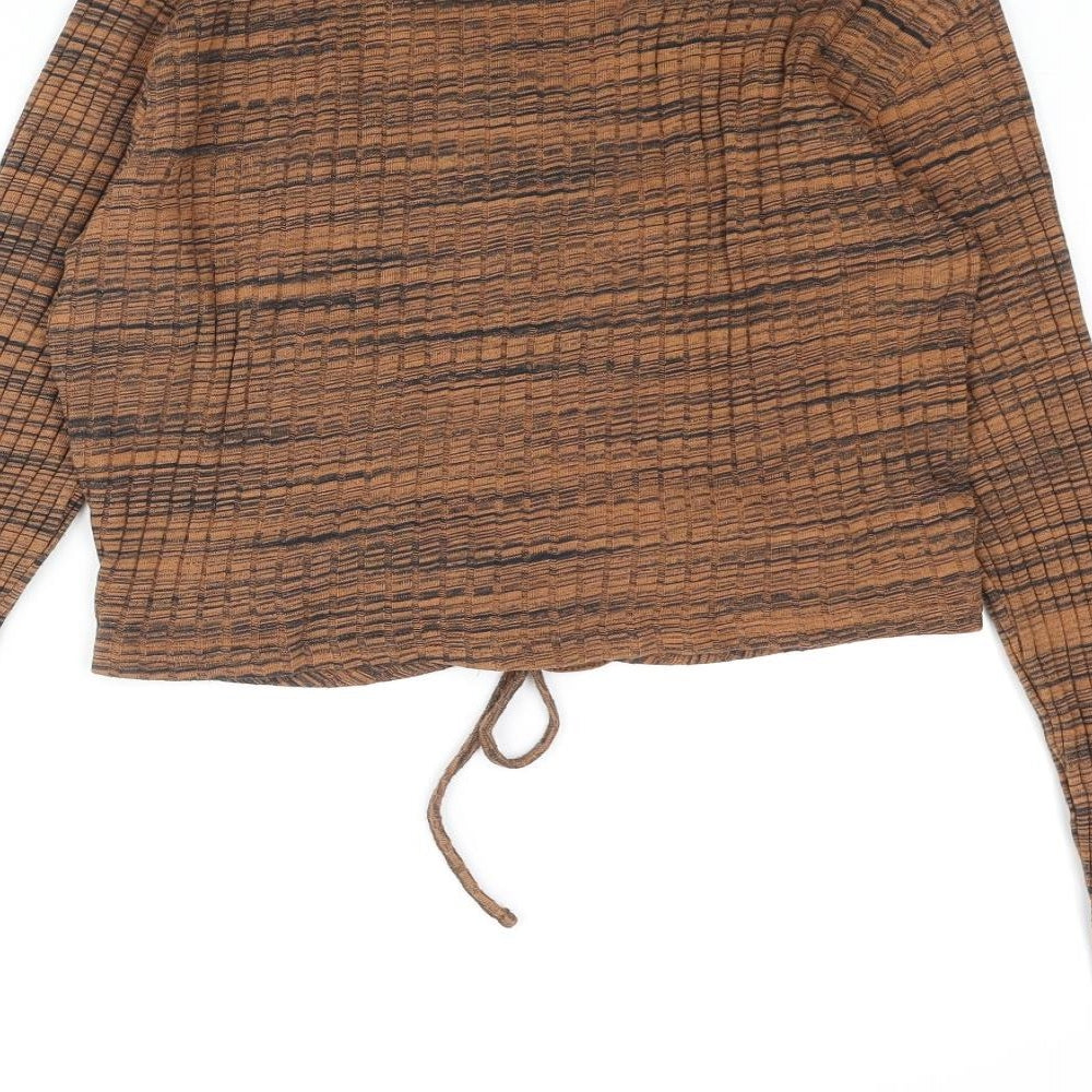 Zara Womens Black Striped Polyester Basic Blouse Size L Round Neck - Drawstring Cut Out Detail