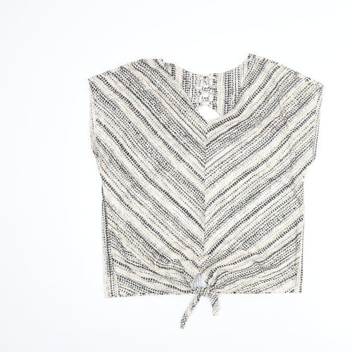 M&Co Womens Beige Geometric Polyester Basic Blouse Size 14 V-Neck - Open Back Detail Tie