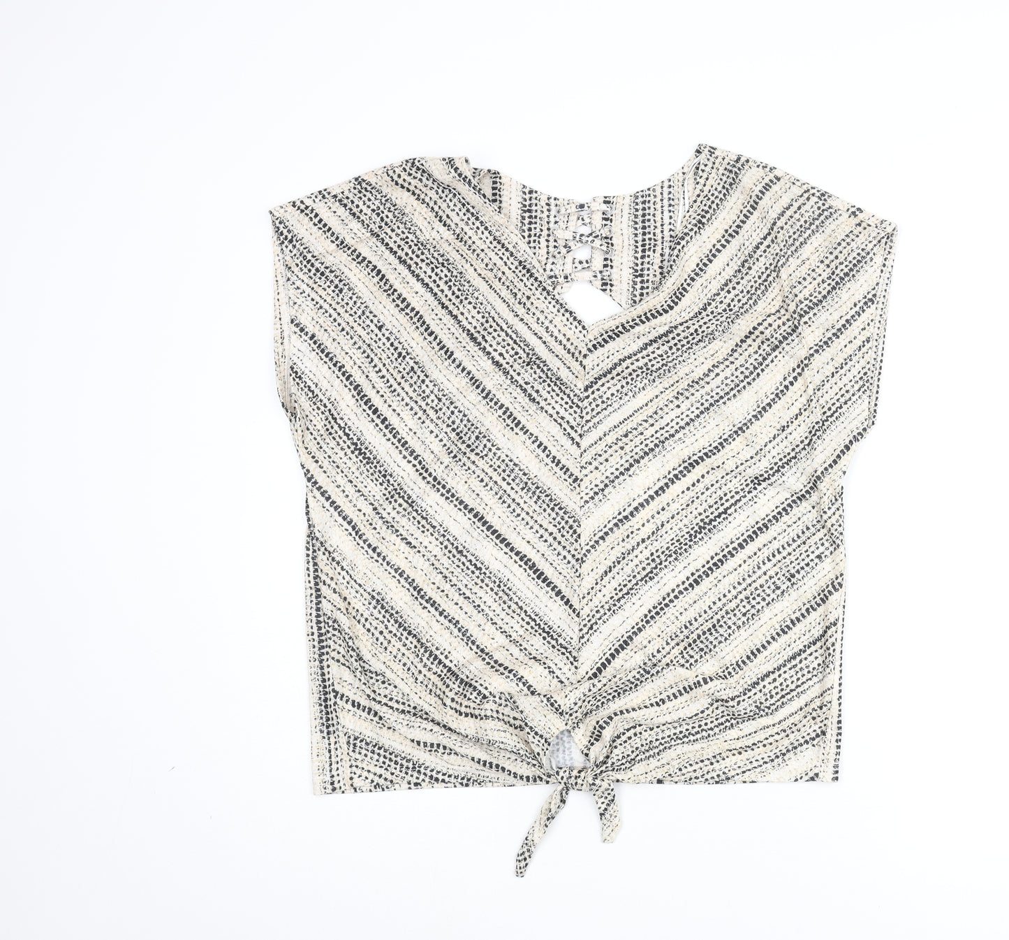 M&Co Womens Beige Geometric Polyester Basic Blouse Size 14 V-Neck - Open Back Detail Tie