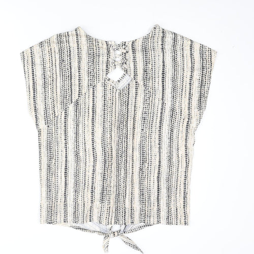 M&Co Womens Beige Geometric Polyester Basic Blouse Size 14 V-Neck - Open Back Detail Tie