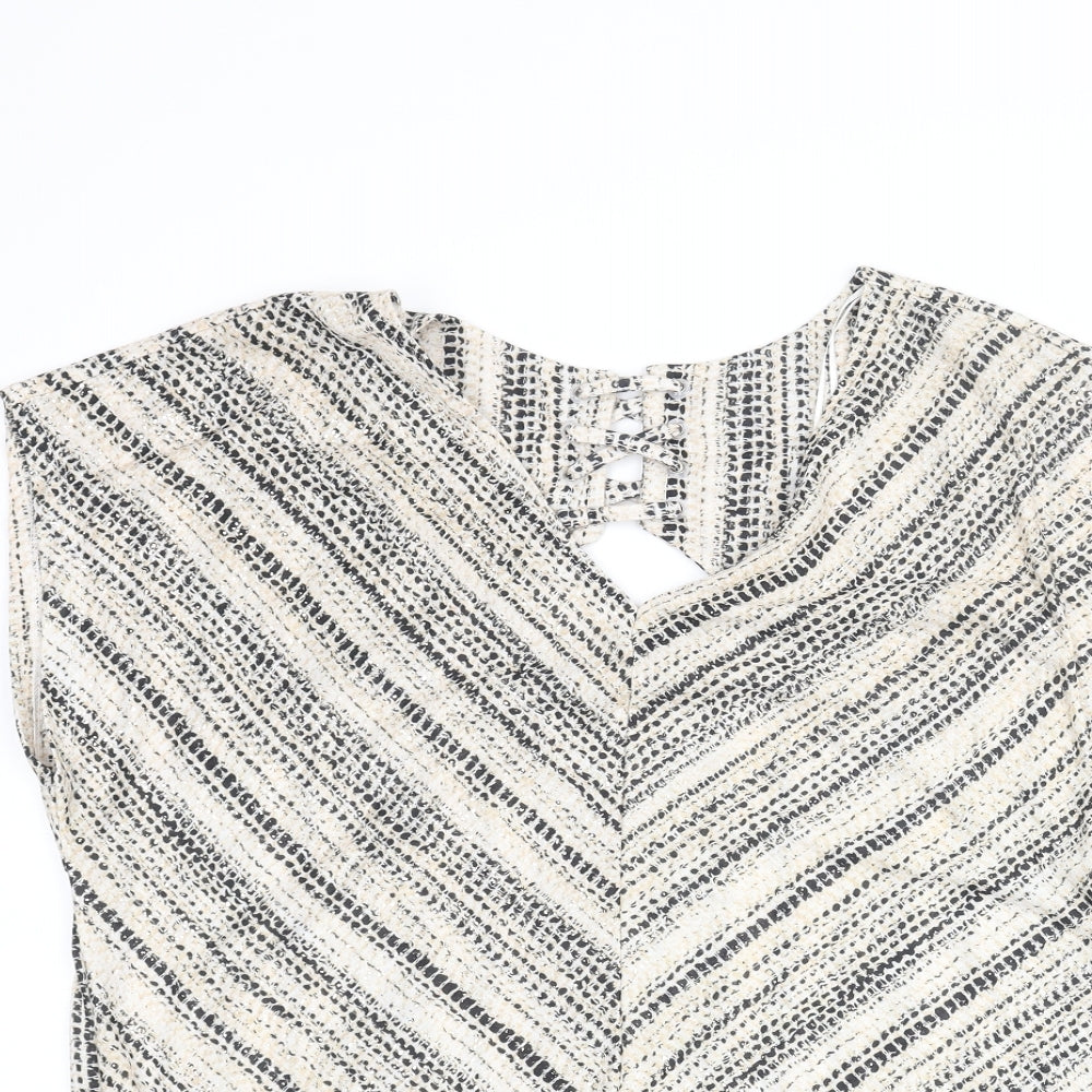 M&Co Womens Beige Geometric Polyester Basic Blouse Size 14 V-Neck - Open Back Detail Tie