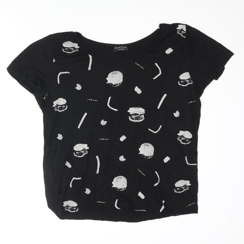 Capture Womens Black Viscose Basic T-Shirt Size M Round Neck - Fast Food Front Print