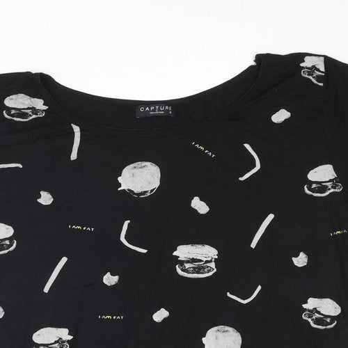 Capture Womens Black Viscose Basic T-Shirt Size M Round Neck - Fast Food Front Print