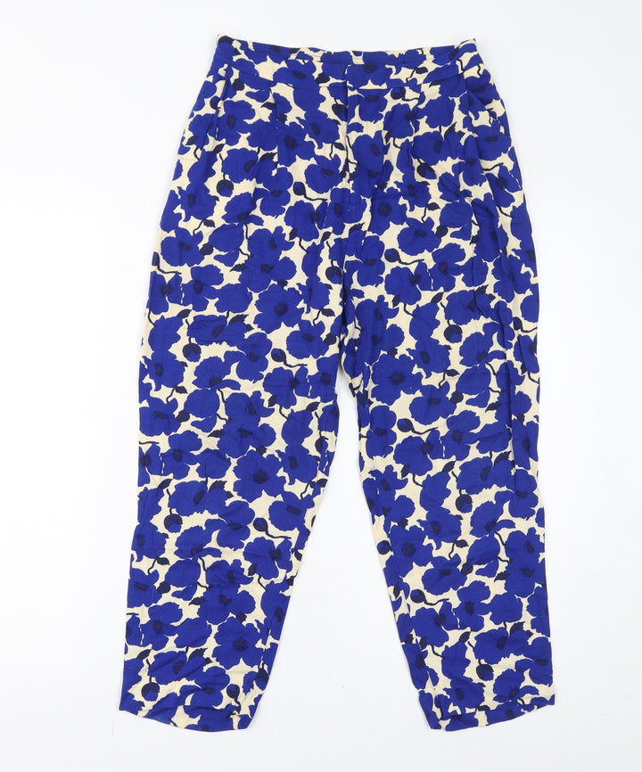 H&M Womens Blue Floral Viscose Cropped Trousers Size 6 L22 in Regular Zip
