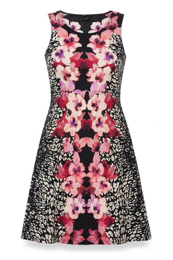Front view of H&M women’s black floral polyester tank dress, size M, round neck pullover - leopard print
