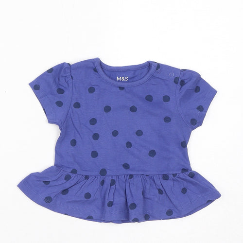 Marks and Spencer Baby Blue Polka Dot Cotton Basic T-Shirt Size 0-3 Months Round Neck Pullover