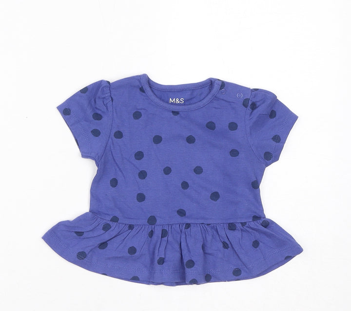 Marks and Spencer Baby Blue Polka Dot Cotton Basic T-Shirt Size 0-3 Months Round Neck Pullover