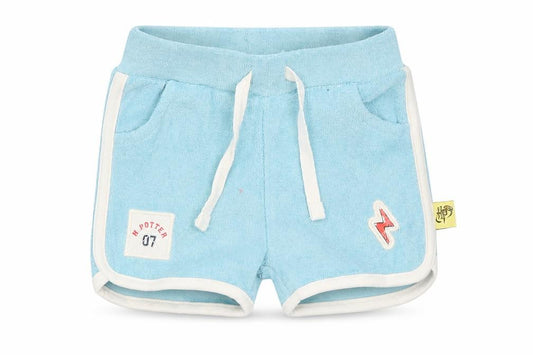 Front view of Marks & Spencer boys’ blue cotton jogger trousers, size 3-6, months drawstring - harry potter, inside leg 2in