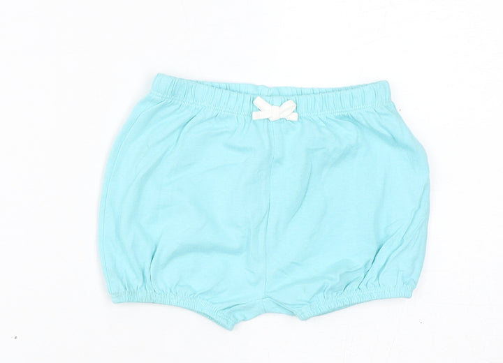 Marks and Spencer Girls Blue Cotton Cropped Trousers Size 9-12 Months Drawstring - Inside Leg 2in
