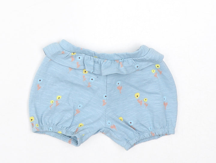 Marks and Spencer Boys Blue Floral Cotton Cropped Trousers Size 0-3 Months Pullover - 1 Month, Inside Leg 2in