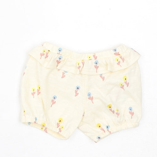 Marks and Spencer Girls Yellow Floral Cotton Cropped Trousers Size 0-3 Months Pullover - 1 Month, Inside Leg 2in