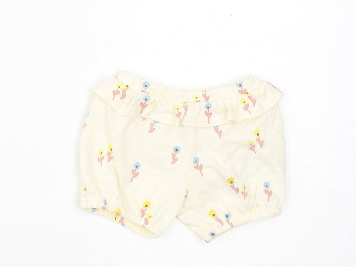 Marks and Spencer Girls Yellow Floral Cotton Cropped Trousers Size 0-3 Months Pullover - 1 Month, Inside Leg 2in