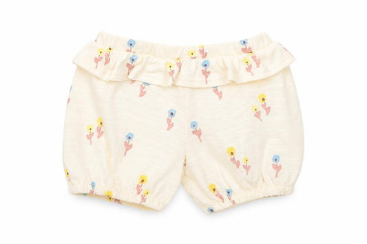 Front view of Marks & Spencer girls’ yellow floral cotton cropped trousers, months pullover - 1 month, inside leg 2in