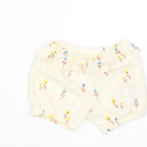 Marks and Spencer Girls Yellow Floral Cotton Cropped Trousers Size 0-3 Months Pullover - 1 Month, Inside Leg 2in