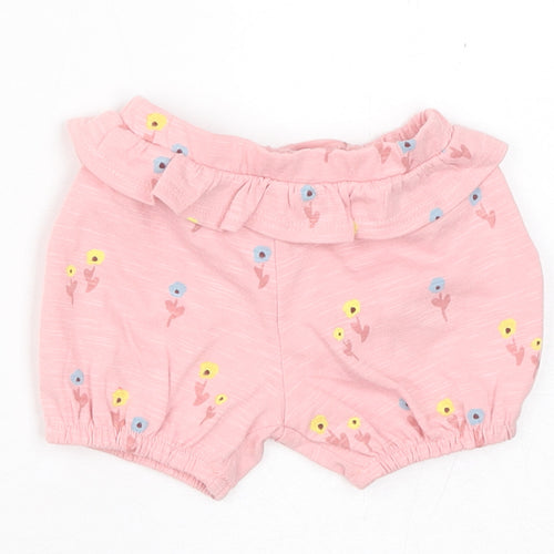 Marks and Spencer Girls Pink Floral Cotton Cropped Trousers Size 0-3 Months Pullover - 1 Month, Inside Leg 2in