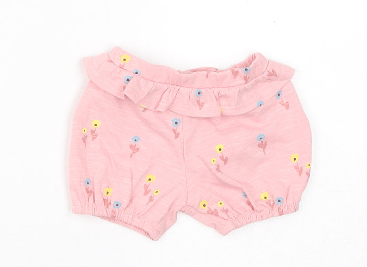 Marks and Spencer Girls Pink Floral Cotton Cropped Trousers Size 0-3 Months Pullover - 1 Month, Inside Leg 2in