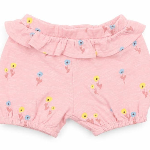 Marks and Spencer Girls Pink Floral Cotton Cropped Trousers Size 0-3 Months Pullover - 1 Month, Inside Leg 2in