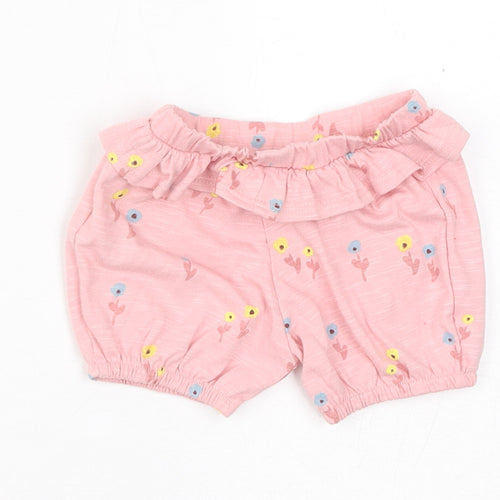 Marks and Spencer Girls Pink Floral Cotton Cropped Trousers Size 0-3 Months Pullover - 1 Month, Inside Leg 2in
