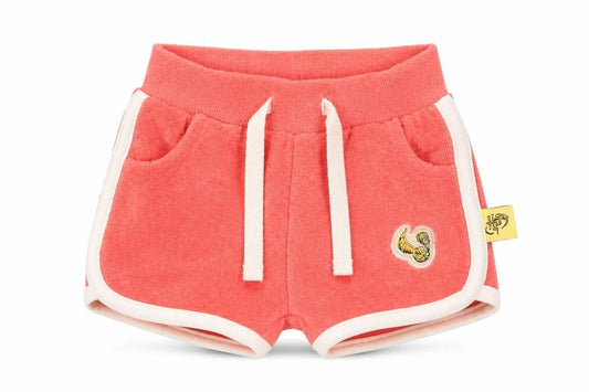 Front view of Marks & Spencer boys’ red cotton cropped trousers, size 3-6, months drawstring - harry potter, inside leg 2in