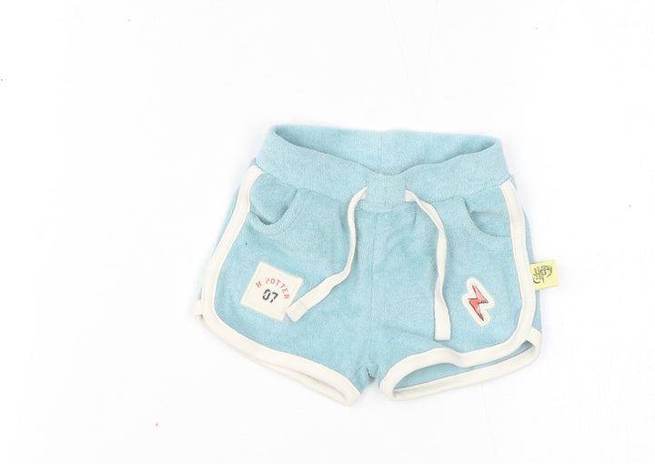 Marks and Spencer Boys Blue Cotton Cropped Trousers Size 3-6 Months Drawstring - Inside Leg 2in