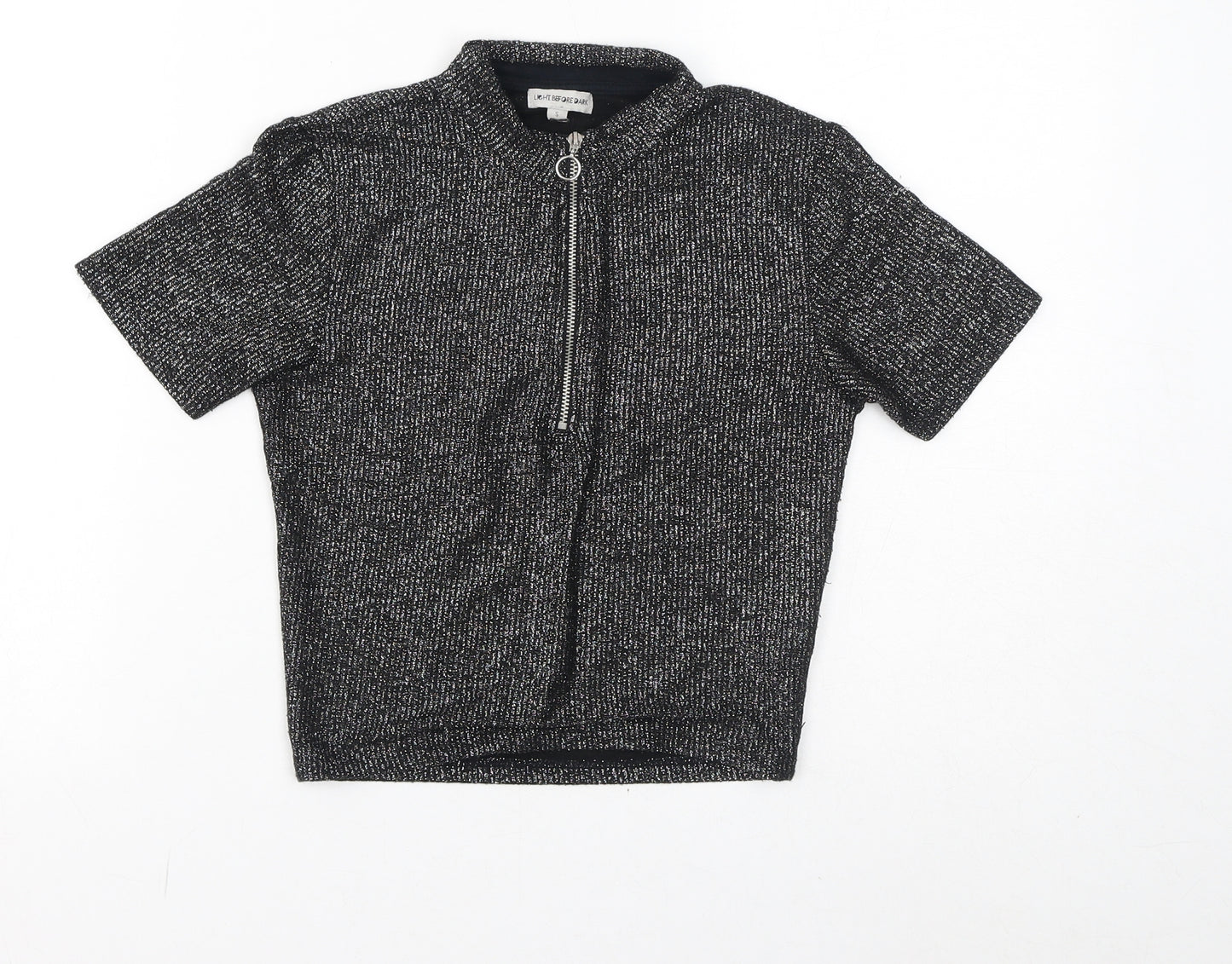 Light before Dark Womens Black Viscose Cropped T-Shirt Size S Round Neck - Sparkle Zip Front