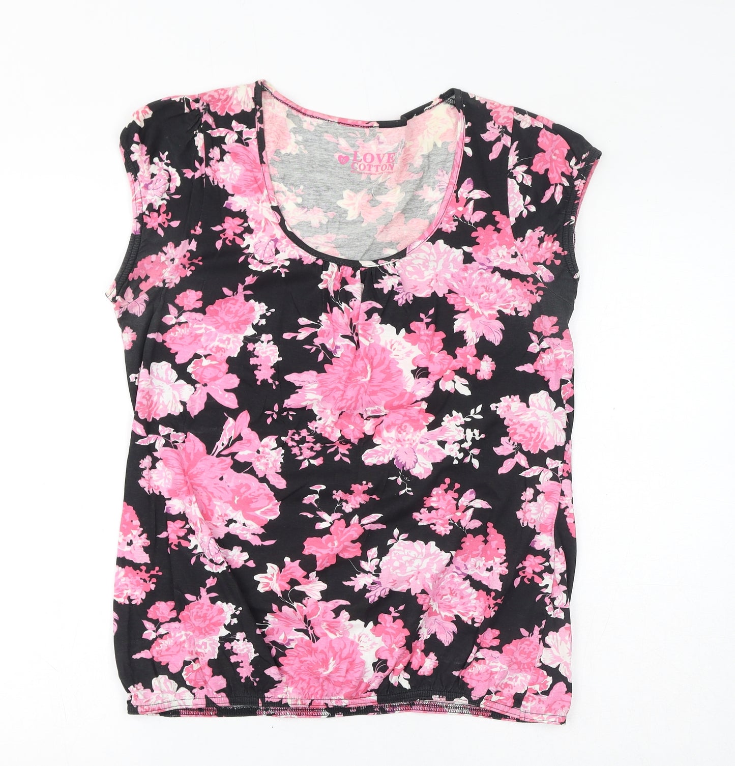 BHS Womens Black Floral Cotton Basic T-Shirt Size 16 Scoop Neck