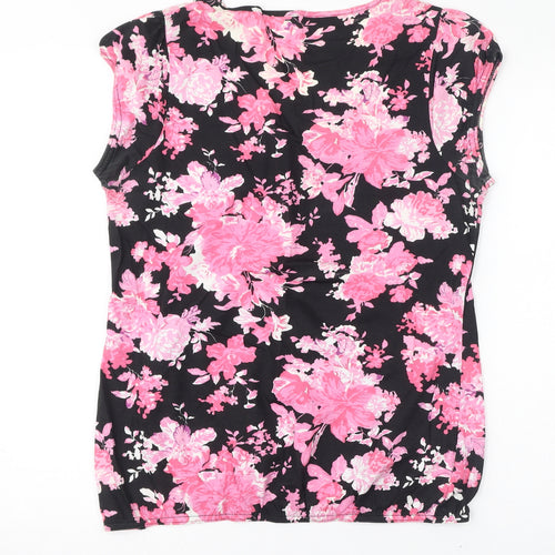 BHS Womens Black Floral Cotton Basic T-Shirt Size 16 Scoop Neck