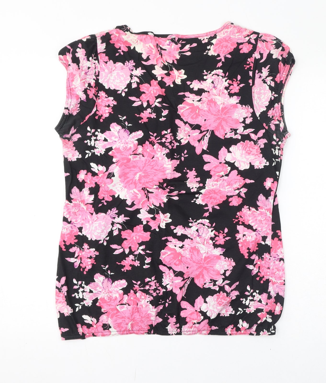 BHS Womens Black Floral Cotton Basic T-Shirt Size 16 Scoop Neck