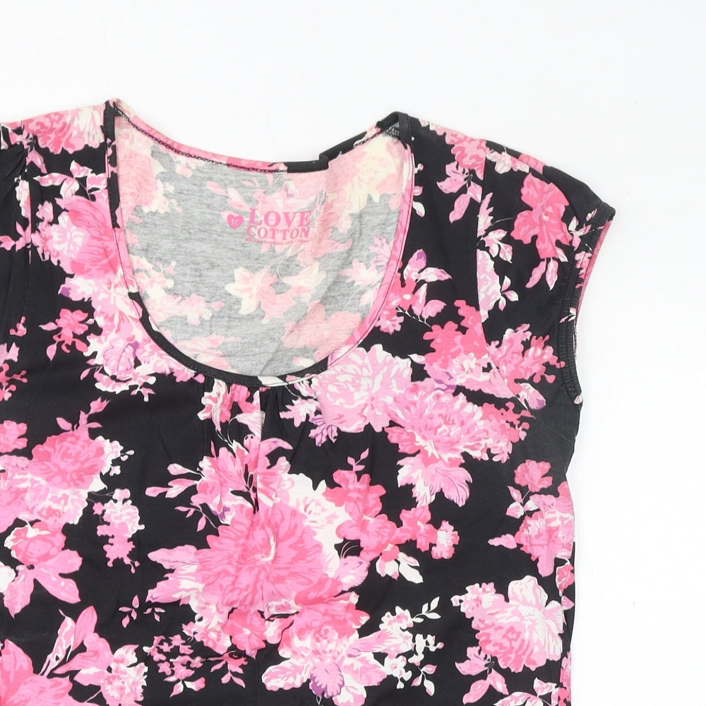BHS Womens Black Floral Cotton Basic T-Shirt Size 16 Scoop Neck